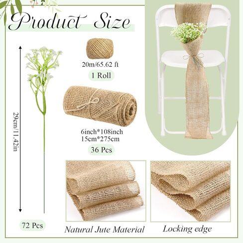 Jecery 24 Sets Burlap Chair Sashes Wedding Natural Chair Bows Ribbons 108 x 6 Inch Rustic Jute Bow Ties with Artificial Babys Breath for Home Anniversary Banquet Wedding DIY in Kuwait