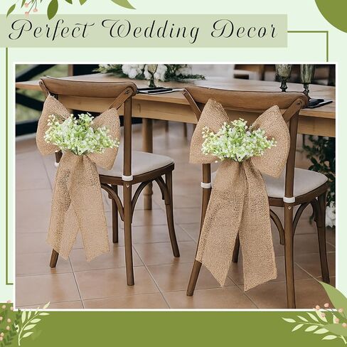 Jecery 24 Sets Burlap Chair Sashes Wedding Natural Chair Bows Ribbons 108 x 6 Inch Rustic Jute Bow Ties with Artificial Babys Breath for Home Anniversary Banquet Wedding DIY in Kuwait