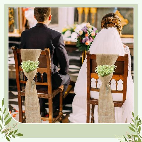 Jecery 24 Sets Burlap Chair Sashes Wedding Natural Chair Bows Ribbons 108 x 6 Inch Rustic Jute Bow Ties with Artificial Babys Breath for Home Anniversary Banquet Wedding DIY in Kuwait