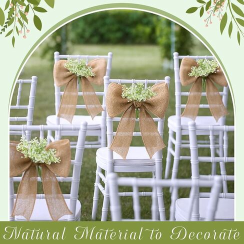 Jecery 24 Sets Burlap Chair Sashes Wedding Natural Chair Bows Ribbons 108 x 6 Inch Rustic Jute Bow Ties with Artificial Babys Breath for Home Anniversary Banquet Wedding DIY in Kuwait