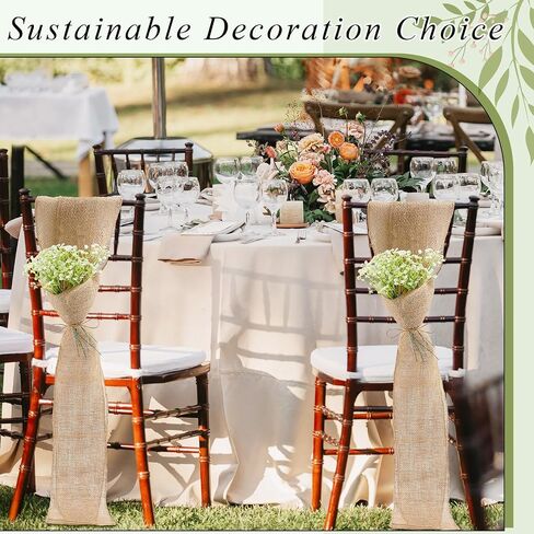 Jecery 24 Sets Burlap Chair Sashes Wedding Natural Chair Bows Ribbons 108 x 6 Inch Rustic Jute Bow Ties with Artificial Babys Breath for Home Anniversary Banquet Wedding DIY in Kuwait