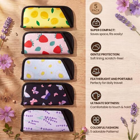 5 Pack Soft Eyeglasses Case Slim Sunglasses Pouch for Women Portable Cloth Eyewear Case Spectacle Sleeve for Girl(Fruit Floral) in Saudi Arabia