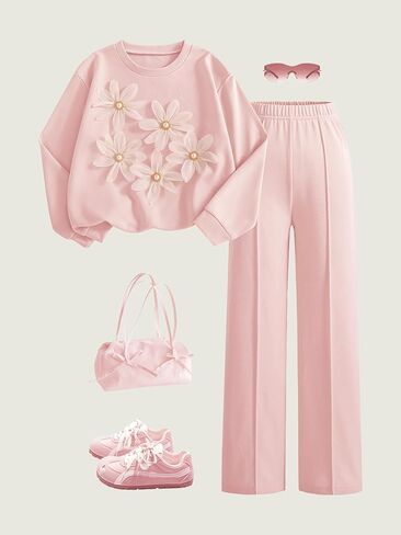 2-Pack Girls Stylish Floral Crewneck Long-Sleeve Sweatshirt & Loose Casual Pants Set in Kuwait