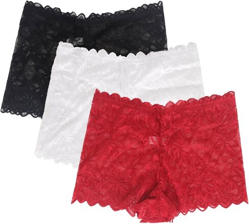 Women's Sexy Lace Boxer Shorts Mid Waist Seamless Lace Panties in Red Blue Black Pink White Cheeky Lace Underwear for Women in Kuwait