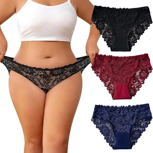 3-Pack Plus Size Women's Lace Briefs - Red/Blue/Black Soft Breathable Mesh Spliced Panties in Kuwait