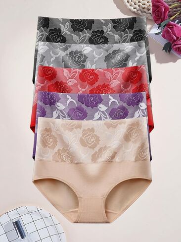 Women's 5-Pack High Waisted Briefs, Rose Jacquard Tummy Control Underwear, Soft Cotton Blend Comfort Panties for Daily Wear in Kuwait