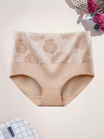 Women's 5-Pack High Waisted Briefs, Rose Jacquard Tummy Control Underwear, Soft Cotton Blend Comfort Panties for Daily Wear in Kuwait