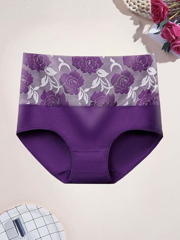 Women's 5-Pack High Waisted Briefs, Rose Jacquard Tummy Control Underwear, Soft Cotton Blend Comfort Panties for Daily Wear in Kuwait