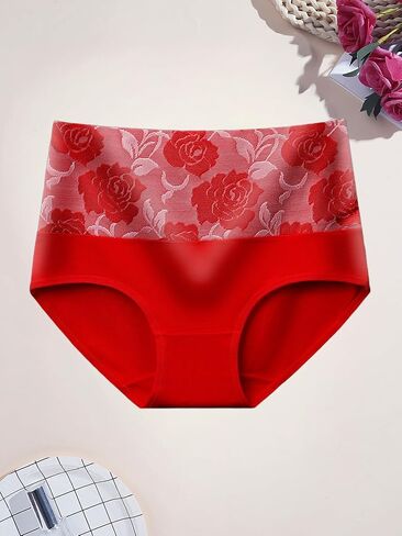 Women's 5-Pack High Waisted Briefs, Rose Jacquard Tummy Control Underwear, Soft Cotton Blend Comfort Panties for Daily Wear in Kuwait