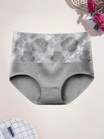 Women's 5-Pack High Waisted Briefs, Rose Jacquard Tummy Control Underwear, Soft Cotton Blend Comfort Panties for Daily Wear in Kuwait