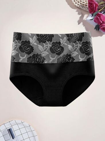 Women's 5-Pack High Waisted Briefs, Rose Jacquard Tummy Control Underwear, Soft Cotton Blend Comfort Panties for Daily Wear in Kuwait