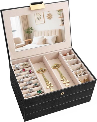 Jewelry Boxes for Women, 3-Layer Jewelry Storage Box Design, Perfect for Women and Girls to Store Necklaces, Rings, Bracelets, Earrings, Watches (Black) in Saudi Arabia