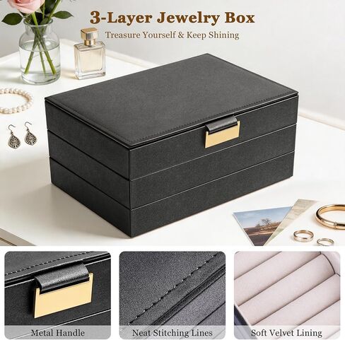 Jewelry Boxes for Women, 3-Layer Jewelry Storage Box Design, Perfect for Women and Girls to Store Necklaces, Rings, Bracelets, Earrings, Watches (Black) in Saudi Arabia