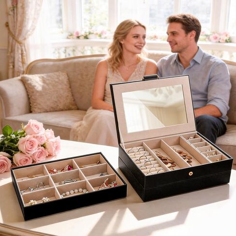 Jewelry Boxes for Women, 3-Layer Jewelry Storage Box Design, Perfect for Women and Girls to Store Necklaces, Rings, Bracelets, Earrings, Watches (Black) in Saudi Arabia