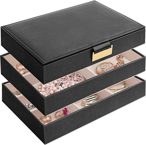 Jewelry Boxes for Women, 3-Layer Jewelry Storage Box Design, Perfect for Women and Girls to Store Necklaces, Rings, Bracelets, Earrings, Watches (Black) in Saudi Arabia