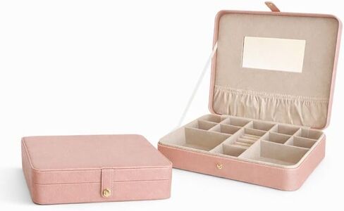 Hives & Honey Opal Jewelry Travel Case with Mirror – Anti-Tarnish Felt Lining, Ring Rolls, Divided Compartments, Elastic Lid Pocket, Secure Snap Closure, Portable Jewelry Organizer for Travel in Saudi Arabia