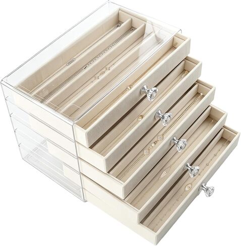 5-Drawer Necklace Organizer Box with Clear Acrylic & Velvet Lining, Beige Necklace Storage Box for Chains, Pendants, Stackable Dustproof Jewelry Holder(9.25 x 5.9 x 6.69 in) in Saudi Arabia