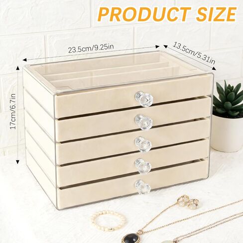 5-Drawer Necklace Organizer Box with Clear Acrylic & Velvet Lining, Beige Necklace Storage Box for Chains, Pendants, Stackable Dustproof Jewelry Holder(9.25 x 5.9 x 6.69 in) in Saudi Arabia