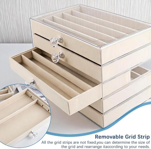 5-Drawer Necklace Organizer Box with Clear Acrylic & Velvet Lining, Beige Necklace Storage Box for Chains, Pendants, Stackable Dustproof Jewelry Holder(9.25 x 5.9 x 6.69 in) in Saudi Arabia