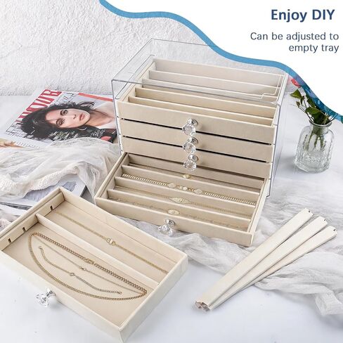 5-Drawer Necklace Organizer Box with Clear Acrylic & Velvet Lining, Beige Necklace Storage Box for Chains, Pendants, Stackable Dustproof Jewelry Holder(9.25 x 5.9 x 6.69 in) in Saudi Arabia