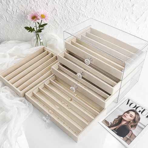 5-Drawer Necklace Organizer Box with Clear Acrylic & Velvet Lining, Beige Necklace Storage Box for Chains, Pendants, Stackable Dustproof Jewelry Holder(9.25 x 5.9 x 6.69 in) in Saudi Arabia
