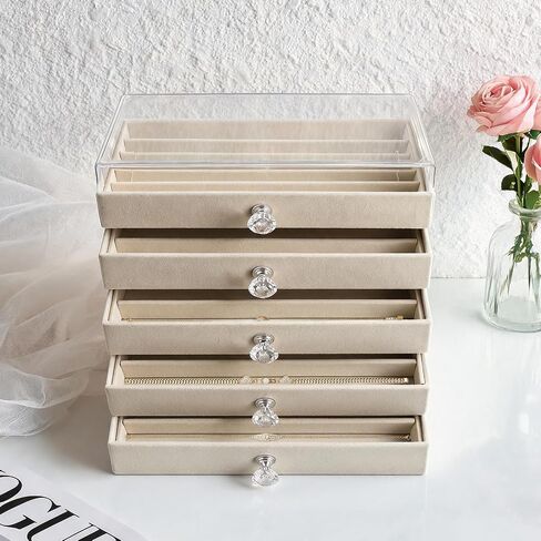 5-Drawer Necklace Organizer Box with Clear Acrylic & Velvet Lining, Beige Necklace Storage Box for Chains, Pendants, Stackable Dustproof Jewelry Holder(9.25 x 5.9 x 6.69 in) in Saudi Arabia