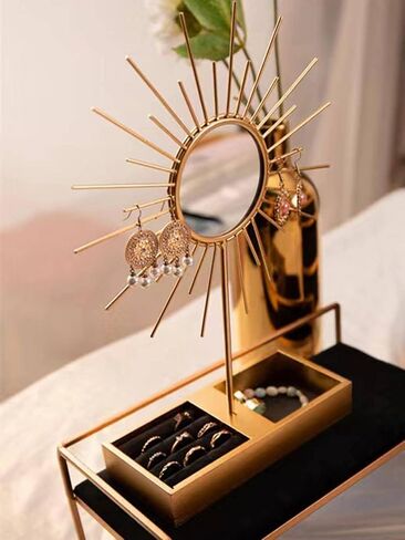 Elegant Metal Jewelry Stand with Mirror and Storage Box, Gold Metal Vanity Organizer for Rings and Earrings,Table Decor in Kuwait