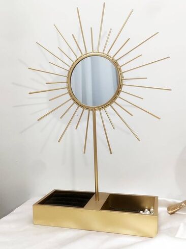 Elegant Metal Jewelry Stand with Mirror and Storage Box, Gold Metal Vanity Organizer for Rings and Earrings,Table Decor in Kuwait