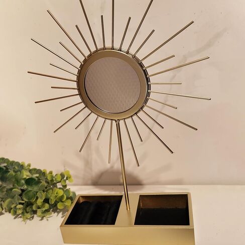 Elegant Metal Jewelry Stand with Mirror and Storage Box, Gold Metal Vanity Organizer for Rings and Earrings,Table Decor in Kuwait