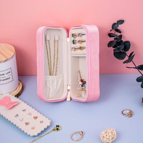 BONNY DODO Small Travel Jewelry Box Organizer for Women with Plush Velvet | Pink Portable Mini Jewelry Case Compact Storage Holder for Earrings Rings Necklaces Bracelets, Small Travel Gift Box in Saudi Arabia