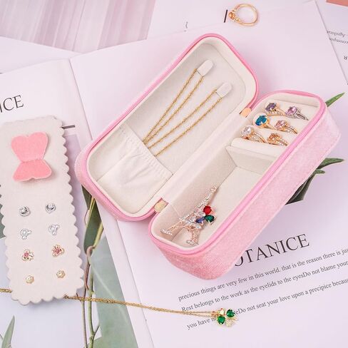BONNY DODO Small Travel Jewelry Box Organizer for Women with Plush Velvet | Pink Portable Mini Jewelry Case Compact Storage Holder for Earrings Rings Necklaces Bracelets, Small Travel Gift Box in Saudi Arabia