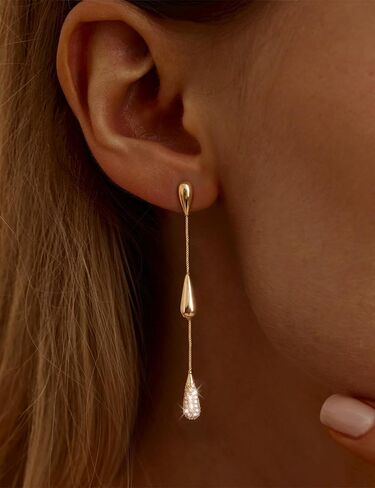 Gold Dangle Earrings for Women Trendy, 14K Gold Plated Teardrop Long Chain Earrings, Dainty CZ Waterdrop Drop Earring, Elegant Wedding Prom Jewelry Gift in Saudi Arabia