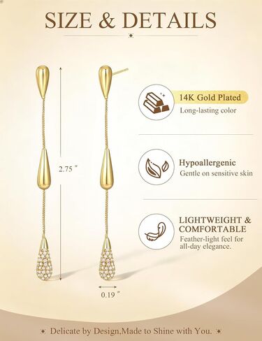 Gold Dangle Earrings for Women Trendy, 14K Gold Plated Teardrop Long Chain Earrings, Dainty CZ Waterdrop Drop Earring, Elegant Wedding Prom Jewelry Gift in Saudi Arabia