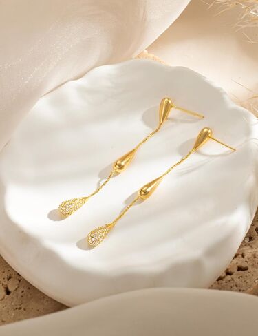Gold Dangle Earrings for Women Trendy, 14K Gold Plated Teardrop Long Chain Earrings, Dainty CZ Waterdrop Drop Earring, Elegant Wedding Prom Jewelry Gift in Saudi Arabia