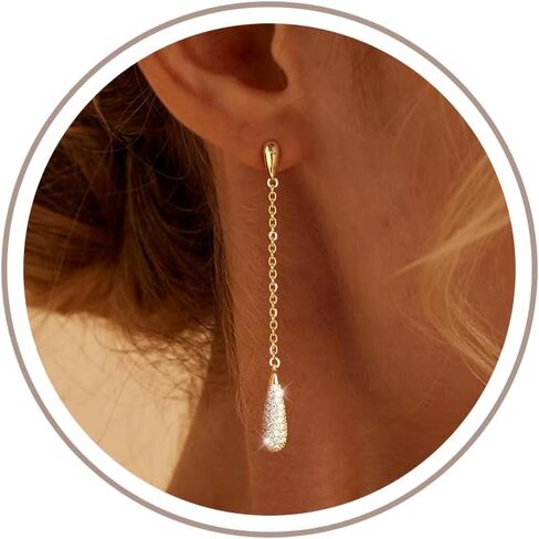 Gold Dangle Earrings for Women Trendy, 14K Gold Plated Teardrop Long Chain Earrings, Dainty CZ Waterdrop Drop Earring, Elegant Wedding Prom Jewelry Gift in Saudi Arabia