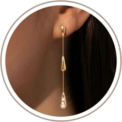 Gold Dangle Earrings for Women Trendy, 14K Gold Plated Teardrop Long Chain Earrings, Dainty CZ Waterdrop Drop Earring, Elegant Wedding Prom Jewelry Gift in Saudi Arabia
