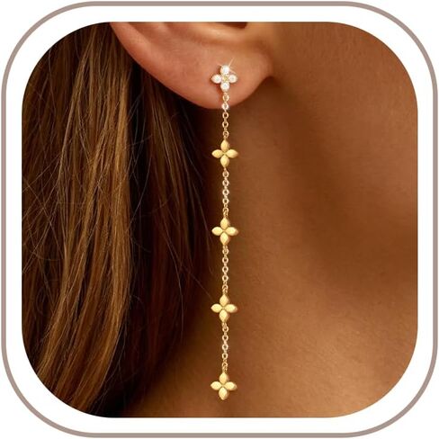 Gold Dangle Earrings for Women Trendy, 14K Gold Plated Teardrop Long Chain Earrings, Dainty CZ Waterdrop Drop Earring, Elegant Wedding Prom Jewelry Gift in Saudi Arabia