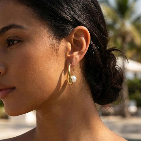 Gmai 18K Gold Plated Stainless Steel Pearl Drop Earrings,Flexible Ear Wire Hypoallergenic Teardrop Dangle Earrings for Women,inimalist Jewelry for Wedding,Mother's Day,Graduation & Everyday Wear in Saudi Arabia