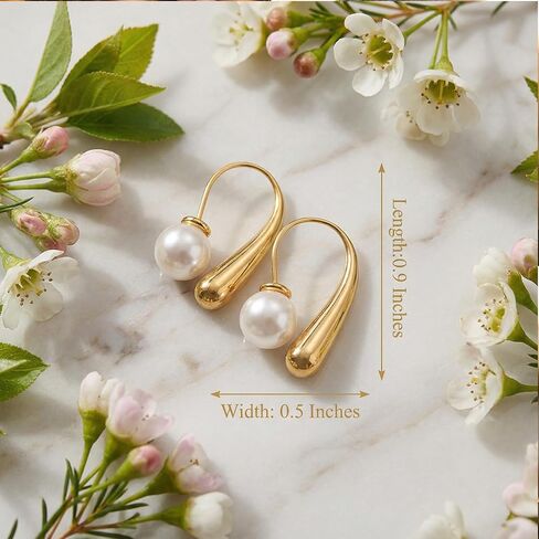 Gmai 18K Gold Plated Stainless Steel Pearl Drop Earrings,Flexible Ear Wire Hypoallergenic Teardrop Dangle Earrings for Women,inimalist Jewelry for Wedding,Mother's Day,Graduation & Everyday Wear in Saudi Arabia