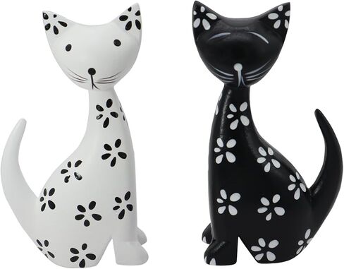 Gemseek 2pcs Cute Wooden Cat Statues Home Decor, Modern Black and White Cat Figurines Animal Sculpture for Shelf Table Desk Living Room Bedroom Decoration Cat Lovers Gift in Saudi Arabia
