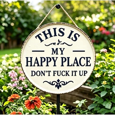 Funny Garden Metal Sign -"This Is My Happy Place Don't F*ck It Up Vintage Decor, Farmhouse Outdoor Art,Welcome Round Sign for Home Garden Farm Bar or Coffee Wall Decor (11.8 * 11.8in) in Kuwait