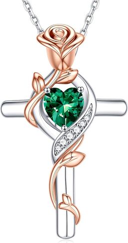 Iefil Rose Cross Necklace for Women - 925 Sterling Silver Birthstone Necklace, Anniversary Birthday Gifts for Women Wife Mom Girlfriend in Kuwait