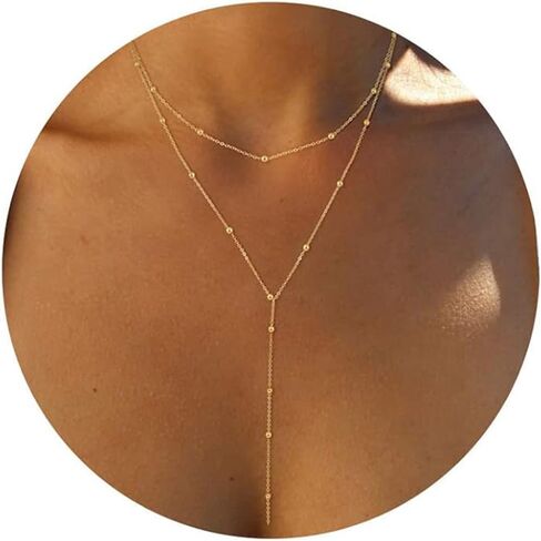 Lariat Gold Necklace for Women Dainty Long Necklace Gold Plated Silver Y-Shaped Pendant Necklaces Beaded Chain Drop Necklaces Jewelry Gifts in Kuwait