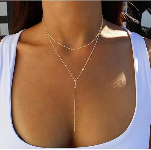 Lariat Gold Necklace for Women Dainty Long Necklace Gold Plated Silver Y-Shaped Pendant Necklaces Beaded Chain Drop Necklaces Jewelry Gifts in Kuwait