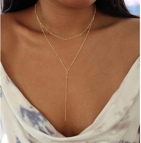 Lariat Gold Necklace for Women Dainty Long Necklace Gold Plated Silver Y-Shaped Pendant Necklaces Beaded Chain Drop Necklaces Jewelry Gifts in Kuwait