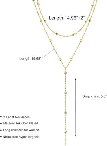 Lariat Gold Necklace for Women Dainty Long Necklace Gold Plated Silver Y-Shaped Pendant Necklaces Beaded Chain Drop Necklaces Jewelry Gifts in Kuwait