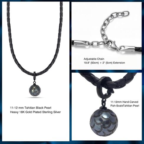 Genuine Tahitian Black Pearl Necklace - 11-13mm Hand-carved Seawater Pearl, Anniversary Birthday Christmas Gift for Wife Mom Women Daughter Grandma, Unique Jewelry Gifts, Leather Chain 19.5"+1.96" in Saudi Arabia