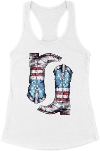 TeesAndTankYou USA Flag Cowboy Boots Tank Top Fitted Racerback Women's in Kuwait