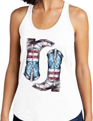 TeesAndTankYou USA Flag Cowboy Boots Tank Top Fitted Racerback Women's in Kuwait