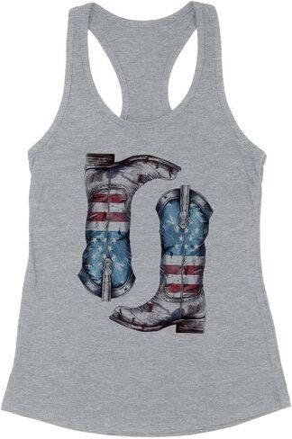 TeesAndTankYou USA Flag Cowboy Boots Tank Top Fitted Racerback Women's in Kuwait